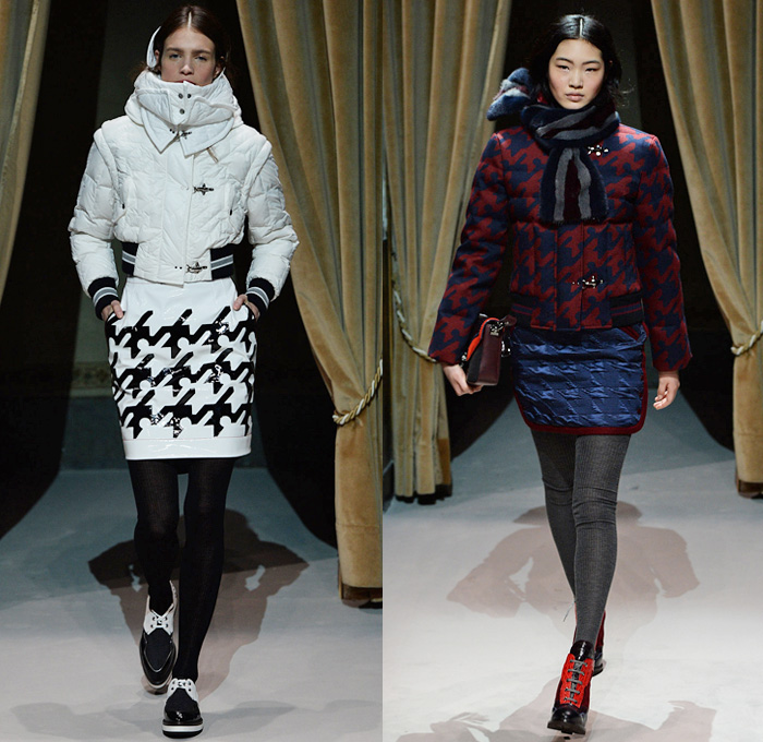 Fay 2014-2015 Fall Autumn Winter Womens Runway Looks - Milano Moda Donna Milan Fashion Week - Camera Nazionale della Moda Italiana - Charles M. Schulz Charlie Brown Snoopy Peanuts Yellow Bird Woodstock Colored Jeans Houndstooth Stripes Scarf Leggings Outerwear Trench Coat Bomber Jacket Parka Furry Pencil Skirt Rounded Hem Chunky Knit Sweater