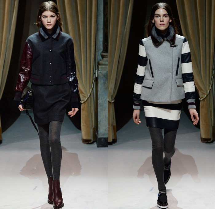 Fay 2014-2015 Fall Autumn Winter Womens Runway Looks - Milano Moda Donna Milan Fashion Week - Camera Nazionale della Moda Italiana - Charles M. Schulz Charlie Brown Snoopy Peanuts Yellow Bird Woodstock Colored Jeans Houndstooth Stripes Scarf Leggings Outerwear Trench Coat Bomber Jacket Parka Furry Pencil Skirt Rounded Hem Chunky Knit Sweater