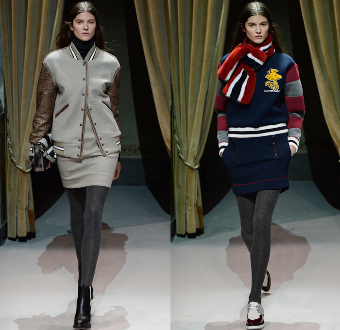 Fay 2014-2015 Fall Autumn Winter Womens Runway Looks - Milano Moda Donna Milan Fashion Week - Camera Nazionale della Moda Italiana - Charles M. Schulz Charlie Brown Snoopy Peanuts Yellow Bird Woodstock Colored Jeans Houndstooth Stripes Scarf Leggings Outerwear Trench Coat Bomber Jacket Parka Furry Pencil Skirt Rounded Hem Chunky Knit Sweater