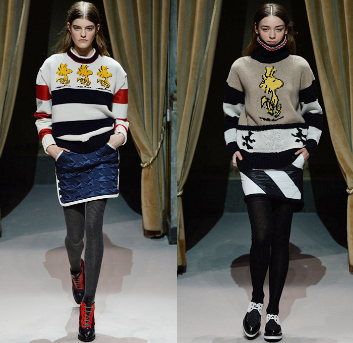 Fay 2014-2015 Fall Autumn Winter Womens Runway Looks - Milano Moda Donna Milan Fashion Week - Camera Nazionale della Moda Italiana - Charles M. Schulz Charlie Brown Snoopy Peanuts Yellow Bird Woodstock Colored Jeans Houndstooth Stripes Scarf Leggings Outerwear Trench Coat Bomber Jacket Parka Furry Pencil Skirt Rounded Hem Chunky Knit Sweater