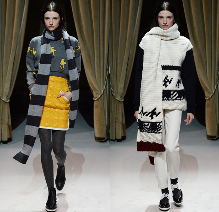 Fay 2014-2015 Fall Autumn Winter Womens Runway Looks - Milano Moda Donna Milan Fashion Week - Camera Nazionale della Moda Italiana - Charles M. Schulz Charlie Brown Snoopy Peanuts Yellow Bird Woodstock Colored Jeans Houndstooth Stripes Scarf Leggings Outerwear Trench Coat Bomber Jacket Parka Furry Pencil Skirt Rounded Hem Chunky Knit Sweater