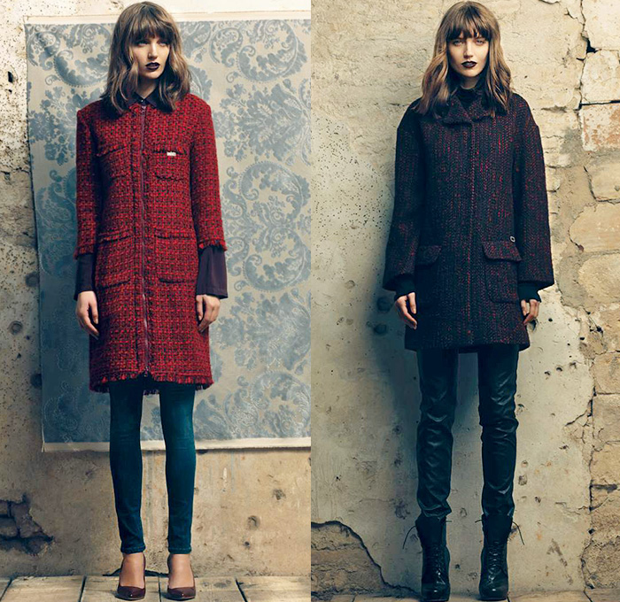 Fornarina Total Look 2014-2015 Fall Autumn Winter Womens Lookbook Collection - Outerwear Tweed Wool Skinny Destroyed Destructed Denim Jeans Jacket Knit Plaid Trench Coat Skirt Frock Flowers Florals Dress Pencil Midi Skirt Peplum Sweater Jumper Windowpane Check Stripes Lace Quilted Cardigan Crop Top Midriff Mesh Curved Hem Down Jacket Puffer Motorcycle Biker Rider Pants Trousers Jumpsuit Overalls