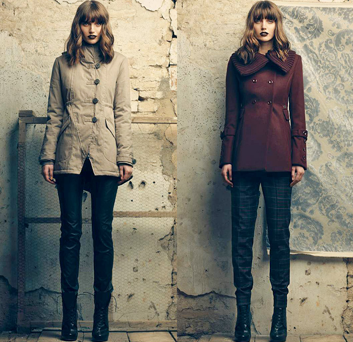Fornarina Total Look 2014-2015 Fall Autumn Winter Womens Lookbook Collection - Outerwear Tweed Wool Skinny Destroyed Destructed Denim Jeans Jacket Knit Plaid Trench Coat Skirt Frock Flowers Florals Dress Pencil Midi Skirt Peplum Sweater Jumper Windowpane Check Stripes Lace Quilted Cardigan Crop Top Midriff Mesh Curved Hem Down Jacket Puffer Motorcycle Biker Rider Pants Trousers Jumpsuit Overalls