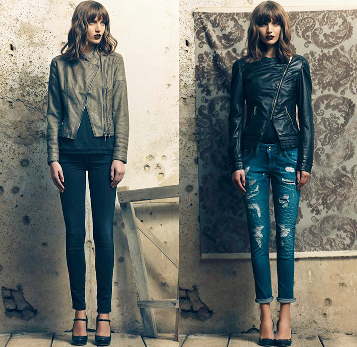Fornarina Total Look 2014-2015 Fall Autumn Winter Womens Lookbook Collection - Outerwear Tweed Wool Skinny Destroyed Destructed Denim Jeans Jacket Knit Plaid Trench Coat Skirt Frock Flowers Florals Dress Pencil Midi Skirt Peplum Sweater Jumper Windowpane Check Stripes Lace Quilted Cardigan Crop Top Midriff Mesh Curved Hem Down Jacket Puffer Motorcycle Biker Rider Pants Trousers Jumpsuit Overalls