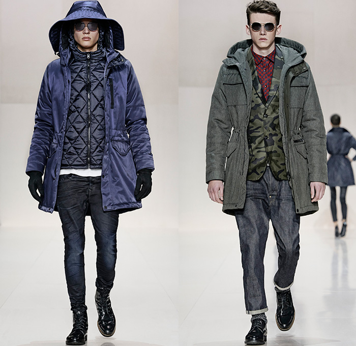 (01a) Verdem Patrol Parka, Fibrick Hooded Jacket and 3301 Super Slim Denim Jeans - (01b) Rackler Hooded Parka, Omega Camouflage Blazer and Raw Essentials First Straight Denim Jeans - G-Star RAW 2014-2015 Fall Autumn Winter Mens Runway Looks - Catwalk Fashion Show - Denim Jeans Raw Dry Rigid Vintage Skinny Waffle Quilted Outerwear Coat Parka Hoodie Camo Camouflage Cargo Pockets Topcoat Overcoat Motorcycle Biker Rider Knee Panels Bomber Jacket Varsity Jacket Club Jacket Emblems Roll Up Fold Up Jacket Leather 