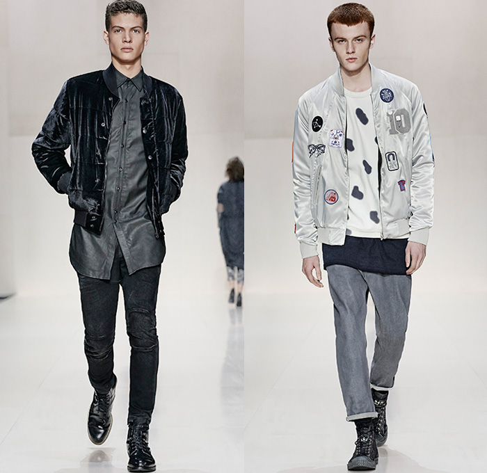 (03a) Wearlent Bomber Jacket, Portaged 5620 Shirt and Camcord 5620 Super Slim Denim Jeans - (03b) Reversible Emblem Varsity Jacket - G-Star RAW 2014-2015 Fall Autumn Winter Mens Runway Looks - Catwalk Fashion Show - Denim Jeans Raw Dry Rigid Vintage Skinny Waffle Quilted Outerwear Coat Parka Hoodie Camo Camouflage Cargo Pockets Topcoat Overcoat Motorcycle Biker Rider Knee Panels Bomber Jacket Varsity Jacket Club Jacket Emblems Roll Up Fold Up Jacket Leather 