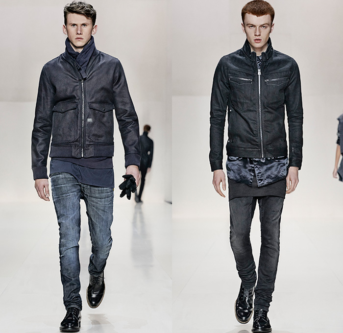 (04a) A Crotch 3D Slim Bomber Jacket and 3301 Super Slim Denim Jeans - (04b) Arc Zip Slim 3D Jacket and 3301 Super Slim Denim Jeans - G-Star RAW 2014-2015 Fall Autumn Winter Mens Runway Looks - Catwalk Fashion Show - Denim Jeans Raw Dry Rigid Vintage Skinny Waffle Quilted Outerwear Coat Parka Hoodie Camo Camouflage Cargo Pockets Topcoat Overcoat Motorcycle Biker Rider Knee Panels Bomber Jacket Varsity Jacket Club Jacket Emblems Roll Up Fold Up Jacket Leather 