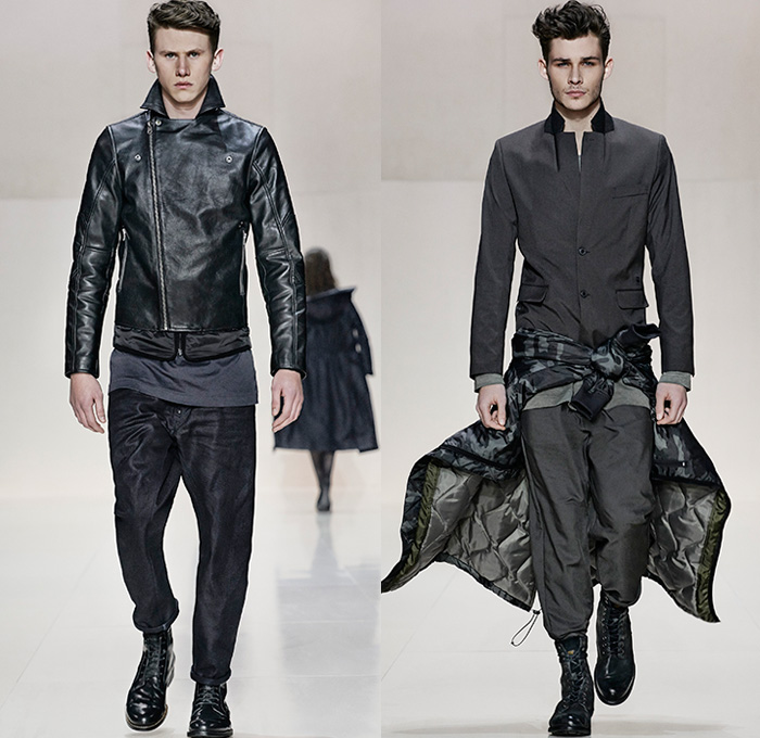 (05a) Camcord Perfecto Leather Jacket and A Crotch SP Tapered Denim Jeans - (05b) Omega Blazer, Clack by Fishtail Parka and Bermann Pants - G-Star RAW 2014-2015 Fall Autumn Winter Mens Runway Looks - Catwalk Fashion Show - Denim Jeans Raw Dry Rigid Vintage Skinny Waffle Quilted Outerwear Coat Parka Hoodie Camo Camouflage Cargo Pockets Topcoat Overcoat Motorcycle Biker Rider Knee Panels Bomber Jacket Varsity Jacket Club Jacket Emblems Roll Up Fold Up Jacket Leather 