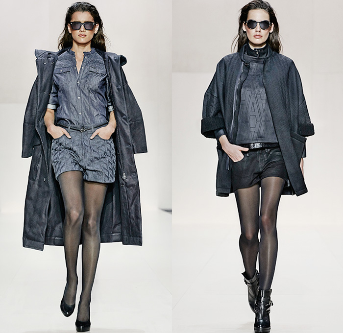 (01a) Denim Long Coat, Over Shirt and Jeans Skort - (01b) Merdid Jacket and Vinferre Leeather Biker Gilet - G-Star RAW 2014-2015 Fall Autumn Winter Womens Runway Looks - Catwalk Fashion Show - Dark Denim Jeans Outerwear Trench Coat Bomber Jacket Varsity Jacket Shorts Jorts Skort Motorcycle Biker Rider Gilet Skinny Blazer Tapered Wide Leg Palazzo Pants Stockings Topcoat Overcoat Zipper Carrot Cigarette Sleek Leggings Jogging Sweatpants Prismatic Camo Camouflage Waffle Quilted Leather