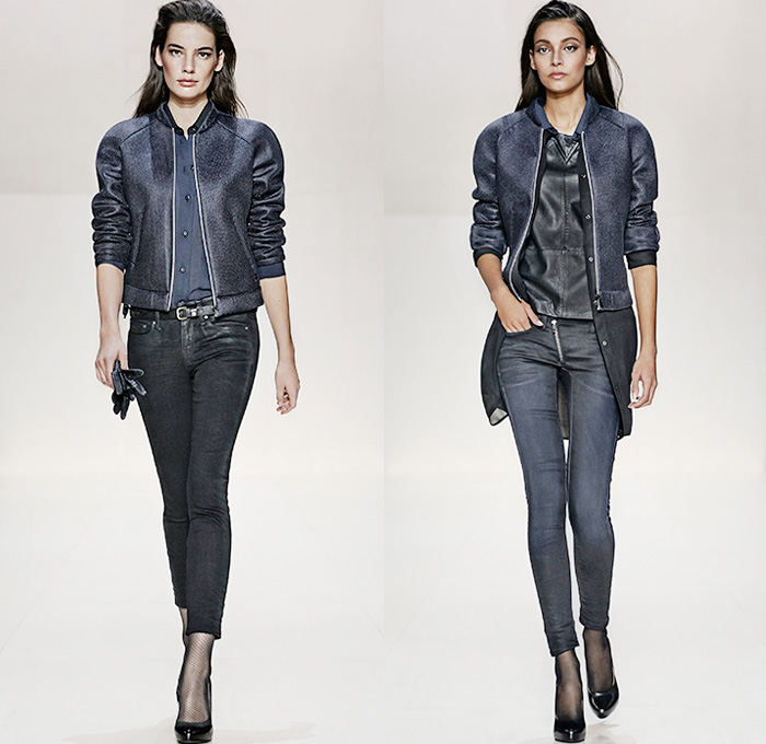 (02a) Sturwed Bomber Jacket and Contour Skinny Denim Jeans - (02b) Sturwed Bomber Jacket, Crotch Jetler Top, Supersize Crepe Shirt and Lynn Zip Skinny Denim Jeans - G-Star RAW 2014-2015 Fall Autumn Winter Womens Runway Looks - Catwalk Fashion Show - Dark Denim Jeans Outerwear Trench Coat Bomber Jacket Varsity Jacket Shorts Jorts Skort Motorcycle Biker Rider Gilet Skinny Blazer Tapered Wide Leg Palazzo Pants Stockings Topcoat Overcoat Zipper Carrot Cigarette Sleek Leggings Jogging Sweatpants Prismatic Camo Camouflage Waffle Quilted Leather