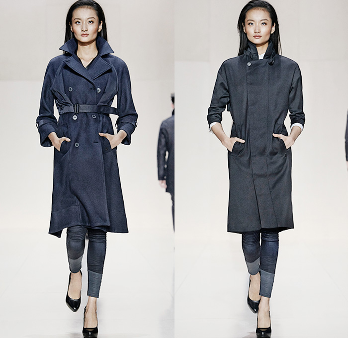 (03a) Chardel Relax Trench Coat and Lynn Avity Skinny Denim Jeans - (03b) Cocoon Minor Wool Relax Trench Coat and Lynn Avity Skinny Denim Jeans - G-Star RAW 2014-2015 Fall Autumn Winter Womens Runway Looks - Catwalk Fashion Show - Dark Denim Jeans Outerwear Trench Coat Bomber Jacket Varsity Jacket Shorts Jorts Skort Motorcycle Biker Rider Gilet Skinny Blazer Tapered Wide Leg Palazzo Pants Stockings Topcoat Overcoat Zipper Carrot Cigarette Sleek Leggings Jogging Sweatpants Prismatic Camo Camouflage Waffle Quilted Leather