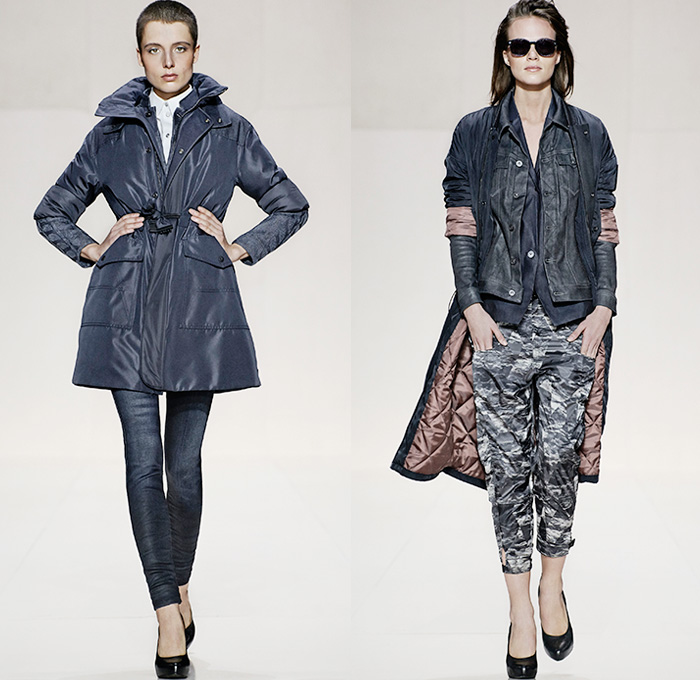 (04a) A Crotch Jetler Coat and Lynn Zip Skinny Denim Jeans - (04b) Avity XL Loose Bomber, Tailor Contour Denim Jacket, Chardel Blazer and Avity Radar Loose Tapered Pants - G-Star RAW 2014-2015 Fall Autumn Winter Womens Runway Looks - Catwalk Fashion Show - Dark Denim Jeans Outerwear Trench Coat Bomber Jacket Varsity Jacket Shorts Jorts Skort Motorcycle Biker Rider Gilet Skinny Blazer Tapered Wide Leg Palazzo Pants Stockings Topcoat Overcoat Zipper Carrot Cigarette Sleek Leggings Jogging Sweatpants Prismatic Camo Camouflage Waffle Quilted Leather