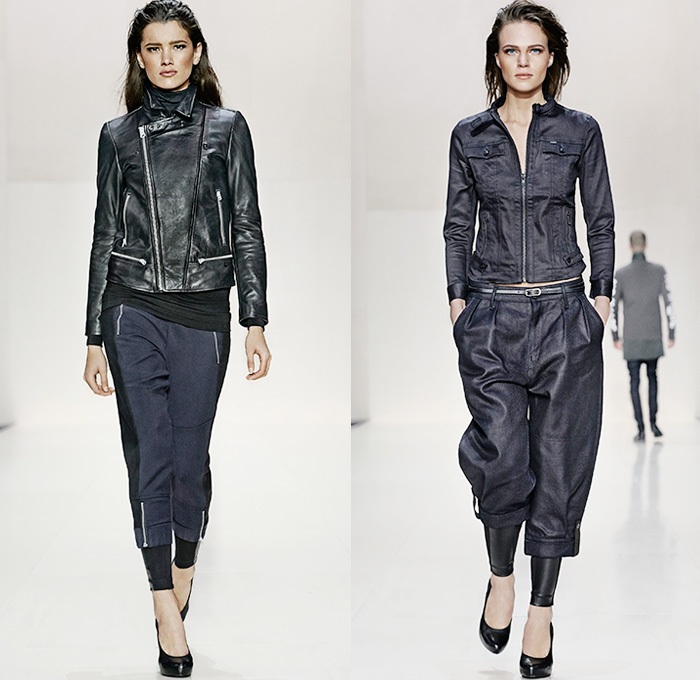 (05a) Vinferre Leather Biker Relax Jacket and Danbur Jog Chino Sweatpants - (05b) Tailor Chopper Denim Jacket, Knicker Wide Leg Cropped Pants - G-Star RAW 2014-2015 Fall Autumn Winter Womens Runway Looks - Catwalk Fashion Show - Dark Denim Jeans Outerwear Trench Coat Bomber Jacket Varsity Jacket Shorts Jorts Skort Motorcycle Biker Rider Gilet Skinny Blazer Tapered Wide Leg Palazzo Pants Stockings Topcoat Overcoat Zipper Carrot Cigarette Sleek Leggings Jogging Sweatpants Prismatic Camo Camouflage Waffle Quilted Leather