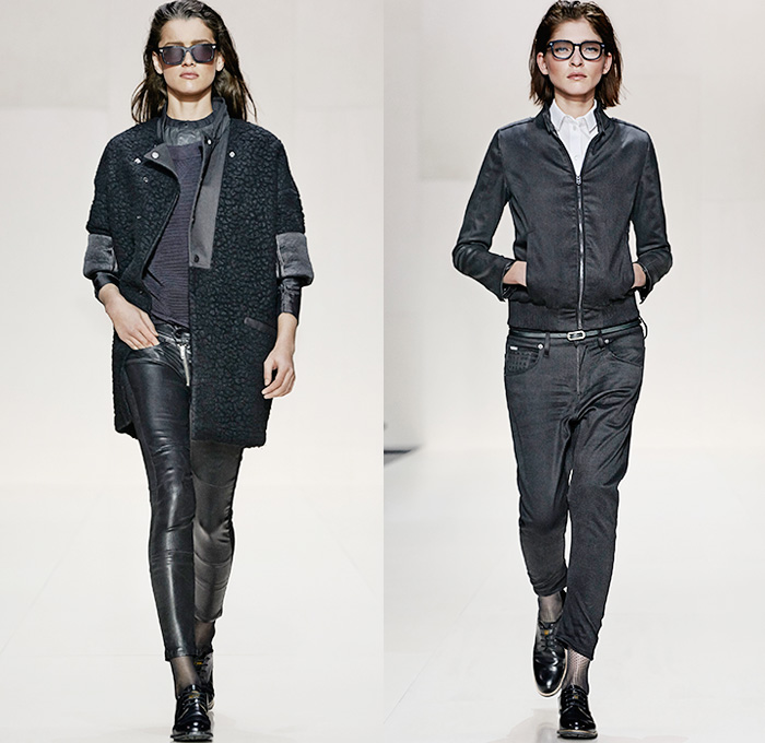 (06a) Postuer Loose Coat and Lynn PL Zipper Ankle Skinny Jeans - (06b) Bomber Jacket, A Crotch Jetler 3D Loose Tapered Dark Denim Jeans - G-Star RAW 2014-2015 Fall Autumn Winter Womens Runway Looks - Catwalk Fashion Show - Dark Denim Jeans Outerwear Trench Coat Bomber Jacket Varsity Jacket Shorts Jorts Skort Motorcycle Biker Rider Gilet Skinny Blazer Tapered Wide Leg Palazzo Pants Stockings Topcoat Overcoat Zipper Carrot Cigarette Sleek Leggings Jogging Sweatpants Prismatic Camo Camouflage Waffle Quilted Leather