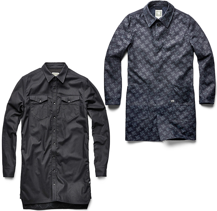 (04a) XL Long Shirt Mens - (04b) A Crotch Denim Trench Coat Mens - G-Star First RAW for the Oceans Collection 2014-2015 Fall Autumn Winter Mens - Bionic Yarn, the Vortex Project, Parley for the Oceans and Pharrell Williams Collaboration - Eco-Thread Fibers Recycled Plastic Bottles Sustainable Denim Jeans Fashion Otto the Octopus Houndstooth Mazarine Indigo Blue Black