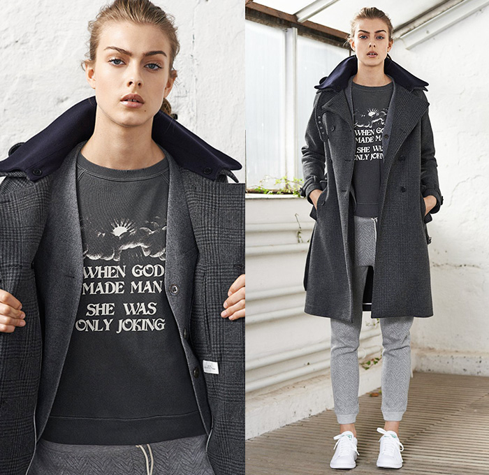 GANT Rugger 2014-2015 Fall Autumn Winter Womens Lookbook Collection - Outerwear Coat Checks Jogging Sweatpants Trench Coat Topcoat Overcoat Sneakers Shorts Vest Waistcoat Blazer Furry Scarf Knit Sweater Jumper Bomber Varsity Baseball Club Jacket