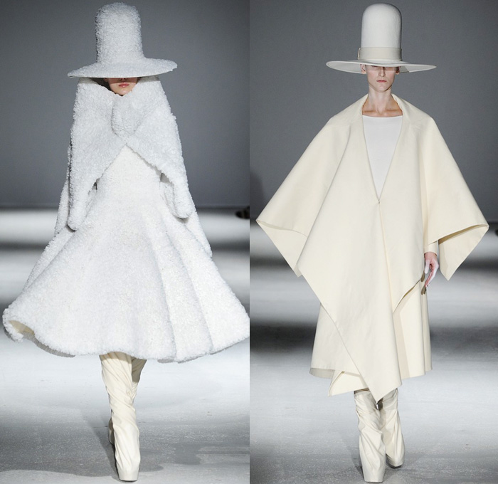 Gareth Pugh 2014-2015 Fall Autumn Winter Mens Runway Looks Fashion - Paris Fashion Week Mode à Paris Prêt à Porter Défilés - Drapery Plastic White Disco Ball Kimono Robes Wrap Funnel Neck 10 Gallon Hat Ruffles Furry Oversized Outerwear Coat Cape Poncho Futuristic Minimalist Dress Slouchy Silver Metallic Net Fishnet 3d Squares Peek-A-Boo