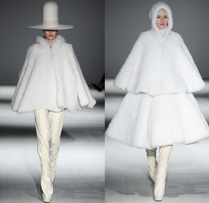 Gareth Pugh 2014-2015 Fall Autumn Winter Mens Runway Looks Fashion - Paris Fashion Week Mode à Paris Prêt à Porter Défilés - Drapery Plastic White Disco Ball Kimono Robes Wrap Funnel Neck 10 Gallon Hat Ruffles Furry Oversized Outerwear Coat Cape Poncho Futuristic Minimalist Dress Slouchy Silver Metallic Net Fishnet 3d Squares Peek-A-Boo