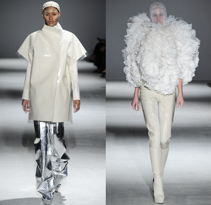 Gareth Pugh 2014-2015 Fall Autumn Winter Mens Runway Looks Fashion - Paris Fashion Week Mode à Paris Prêt à Porter Défilés - Drapery Plastic White Disco Ball Kimono Robes Wrap Funnel Neck 10 Gallon Hat Ruffles Furry Oversized Outerwear Coat Cape Poncho Futuristic Minimalist Dress Slouchy Silver Metallic Net Fishnet 3d Squares Peek-A-Boo