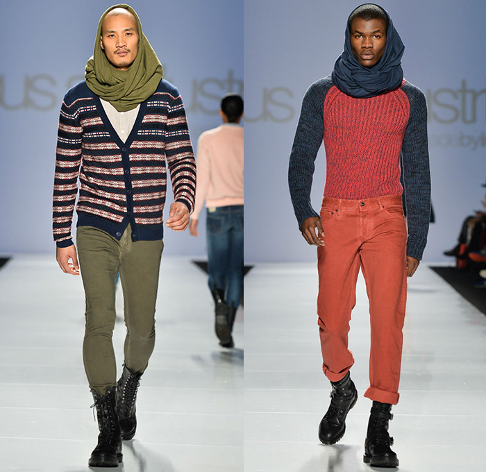 gsus sindustries 2014-2015 Fall Autumn Winter Mens Runway Looks - World MasterCard Fashion Week Toronto Canada Catwalk Fashion Show - Denim Jeans Jeanswear Shawl Knit Cardigan Skinny Boots Sweater Jumper Trucker Jacket Plaid Blazer Peacoat Multi-Panel Waxed Coated Windowpane Checks Waffle Quilted Destroyed Holes Destructed Tribal Ethnic Folk Ornamental Print Decorative Art Parka Hoodie Outerwear Nautical 