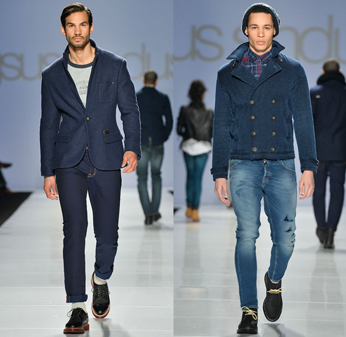 gsus sindustries 2014-2015 Fall Autumn Winter Mens Runway Looks - World MasterCard Fashion Week Toronto Canada Catwalk Fashion Show - Denim Jeans Jeanswear Shawl Knit Cardigan Skinny Boots Sweater Jumper Trucker Jacket Plaid Blazer Peacoat Multi-Panel Waxed Coated Windowpane Checks Waffle Quilted Destroyed Holes Destructed Tribal Ethnic Folk Ornamental Print Decorative Art Parka Hoodie Outerwear Nautical 