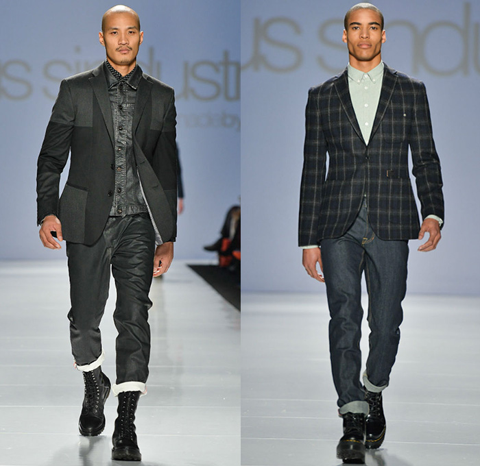 gsus sindustries 2014-2015 Fall Autumn Winter Mens Runway Looks - World MasterCard Fashion Week Toronto Canada Catwalk Fashion Show - Denim Jeans Jeanswear Shawl Knit Cardigan Skinny Boots Sweater Jumper Trucker Jacket Plaid Blazer Peacoat Multi-Panel Waxed Coated Windowpane Checks Waffle Quilted Destroyed Holes Destructed Tribal Ethnic Folk Ornamental Print Decorative Art Parka Hoodie Outerwear Nautical 