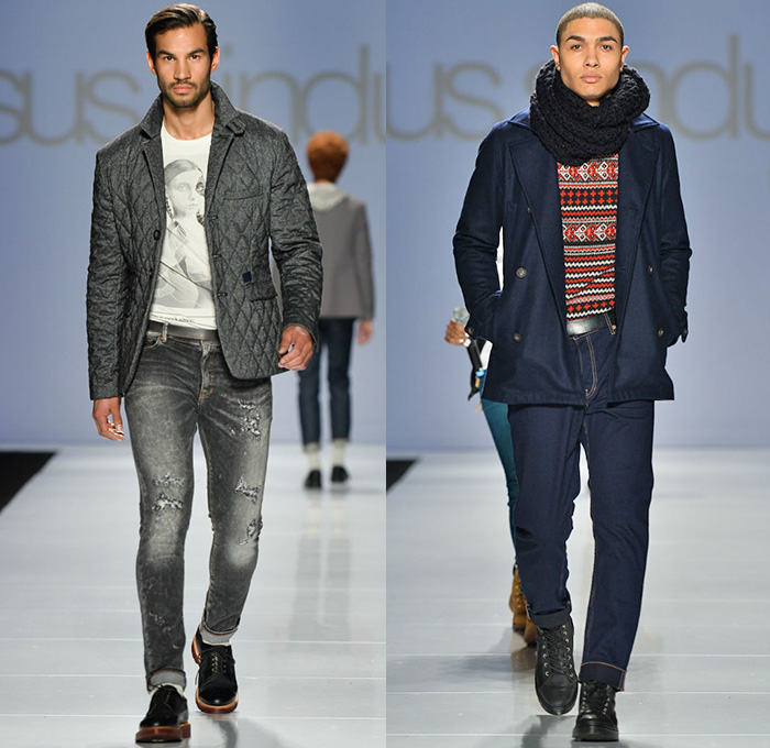 gsus sindustries 2014-2015 Fall Autumn Winter Mens Runway Looks - World MasterCard Fashion Week Toronto Canada Catwalk Fashion Show - Denim Jeans Jeanswear Shawl Knit Cardigan Skinny Boots Sweater Jumper Trucker Jacket Plaid Blazer Peacoat Multi-Panel Waxed Coated Windowpane Checks Waffle Quilted Destroyed Holes Destructed Tribal Ethnic Folk Ornamental Print Decorative Art Parka Hoodie Outerwear Nautical 