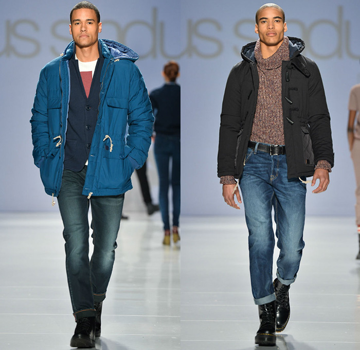 gsus sindustries 2014-2015 Fall Autumn Winter Mens Runway Looks - World MasterCard Fashion Week Toronto Canada Catwalk Fashion Show - Denim Jeans Jeanswear Shawl Knit Cardigan Skinny Boots Sweater Jumper Trucker Jacket Plaid Blazer Peacoat Multi-Panel Waxed Coated Windowpane Checks Waffle Quilted Destroyed Holes Destructed Tribal Ethnic Folk Ornamental Print Decorative Art Parka Hoodie Outerwear Nautical 