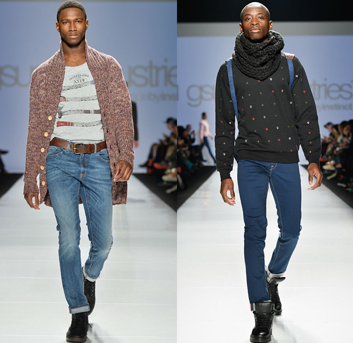 gsus sindustries 2014-2015 Fall Autumn Winter Mens Runway Looks - World MasterCard Fashion Week Toronto Canada Catwalk Fashion Show - Denim Jeans Jeanswear Shawl Knit Cardigan Skinny Boots Sweater Jumper Trucker Jacket Plaid Blazer Peacoat Multi-Panel Waxed Coated Windowpane Checks Waffle Quilted Destroyed Holes Destructed Tribal Ethnic Folk Ornamental Print Decorative Art Parka Hoodie Outerwear Nautical 