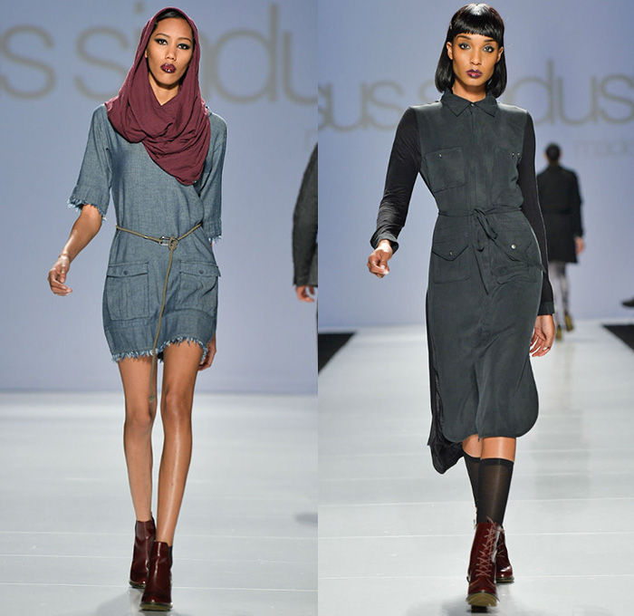 gsus sindustries 2014-2015 Fall Autumn Winter Womens Runway Looks - World MasterCard Fashion Week Toronto Canada Catwalk Fashion Show - Denim Jeans Dress Frayed Shawl Cargo Pockets Shirtdress Waxed Coated Trucker Jacket Multi-Panel Bomber Jacket Plaid Boots Blazer Peacoat Pantsuit Trench Coat Mackintosh Leggings Tribal Ethnic Folk Ornamental Print Decorative Art Jogging Sweatpants V-Neck Photograph Mountains