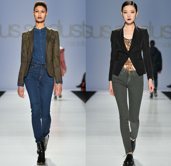 gsus sindustries 2014-2015 Fall Autumn Winter Womens Runway Looks - World MasterCard Fashion Week Toronto Canada Catwalk Fashion Show - Denim Jeans Dress Frayed Shawl Cargo Pockets Shirtdress Waxed Coated Trucker Jacket Multi-Panel Bomber Jacket Plaid Boots Blazer Peacoat Pantsuit Trench Coat Mackintosh Leggings Tribal Ethnic Folk Ornamental Print Decorative Art Jogging Sweatpants V-Neck Photograph Mountains