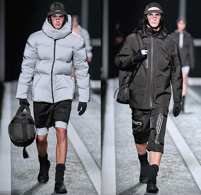 Alexander Wang x H+M 2014-2015 Fall Autumn Winter Mens Runway Catwalk Looks - Futuristic Racetrack Fitness Sport Extreme Athletics Workout Parka Outerwear Hoodie Puffer Down Jacket Harness Backpack Wrestler Umpire Headgear Hockey Mask Boxing Gloves Helmet Kinesio Sports Tape Sweatshirt Belt Stripes Drawstring Utility Vest Goggles Shorts Sweater Jumper Black Logo Leather Tank Top Leggings