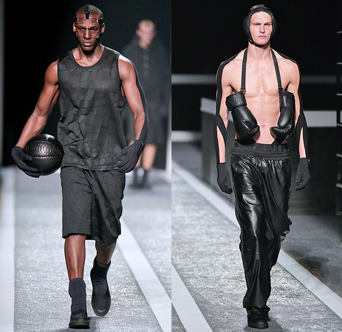 Alexander Wang x H+M 2014-2015 Fall Autumn Winter Mens Runway Catwalk Looks - Futuristic Racetrack Fitness Sport Extreme Athletics Workout Parka Outerwear Hoodie Puffer Down Jacket Harness Backpack Wrestler Umpire Headgear Hockey Mask Boxing Gloves Helmet Kinesio Sports Tape Sweatshirt Belt Stripes Drawstring Utility Vest Goggles Shorts Sweater Jumper Black Logo Leather Tank Top Leggings