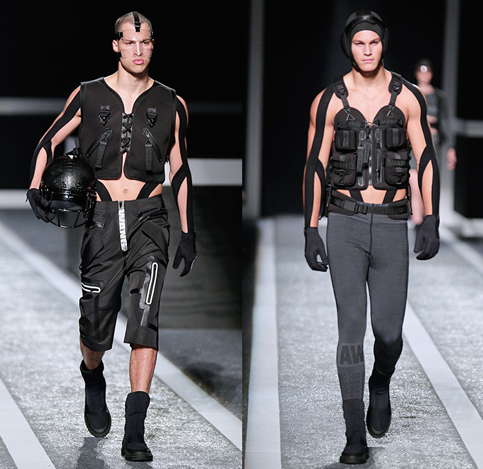 Alexander Wang x H+M 2014-2015 Fall Autumn Winter Mens Runway Catwalk Looks - Futuristic Racetrack Fitness Sport Extreme Athletics Workout Parka Outerwear Hoodie Puffer Down Jacket Harness Backpack Wrestler Umpire Headgear Hockey Mask Boxing Gloves Helmet Kinesio Sports Tape Sweatshirt Belt Stripes Drawstring Utility Vest Goggles Shorts Sweater Jumper Black Logo Leather Tank Top Leggings