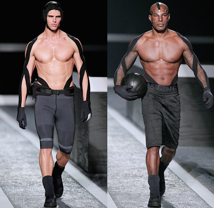 Alexander Wang x H+M 2014-2015 Fall Autumn Winter Mens Runway Catwalk Looks - Futuristic Racetrack Fitness Sport Extreme Athletics Workout Parka Outerwear Hoodie Puffer Down Jacket Harness Backpack Wrestler Umpire Headgear Hockey Mask Boxing Gloves Helmet Kinesio Sports Tape Sweatshirt Belt Stripes Drawstring Utility Vest Goggles Shorts Sweater Jumper Black Logo Leather Tank Top Leggings