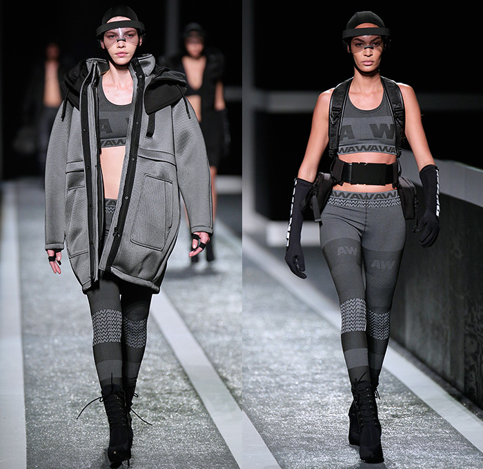 Alexander Wang x H+M 2014-2015 Fall Autumn Winter Womens Runway Catwalk Looks - Futuristic Racetrack Fitness Sport Extreme Workout Crop Top Leggings Parka Outerwear Harness Backpack Wrestler Umpire Headgear Hockey Mask Boxing Gloves Helmet Kinesio Sports Tape Sweatshirt Dress Belt Stripes Cutout Sweatpants Drawstring Utility Bra Fanny Pack Waist Pouch Belt Bag Goggles Bandeau Shorts Sweater Jumper