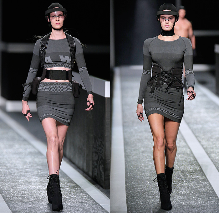 Alexander Wang x H+M 2014-2015 Fall Autumn Winter Womens Runway Catwalk Looks - Futuristic Racetrack Fitness Sport Extreme Workout Crop Top Leggings Parka Outerwear Harness Backpack Wrestler Umpire Headgear Hockey Mask Boxing Gloves Helmet Kinesio Sports Tape Sweatshirt Dress Belt Stripes Cutout Sweatpants Drawstring Utility Bra Fanny Pack Waist Pouch Belt Bag Goggles Bandeau Shorts Sweater Jumper