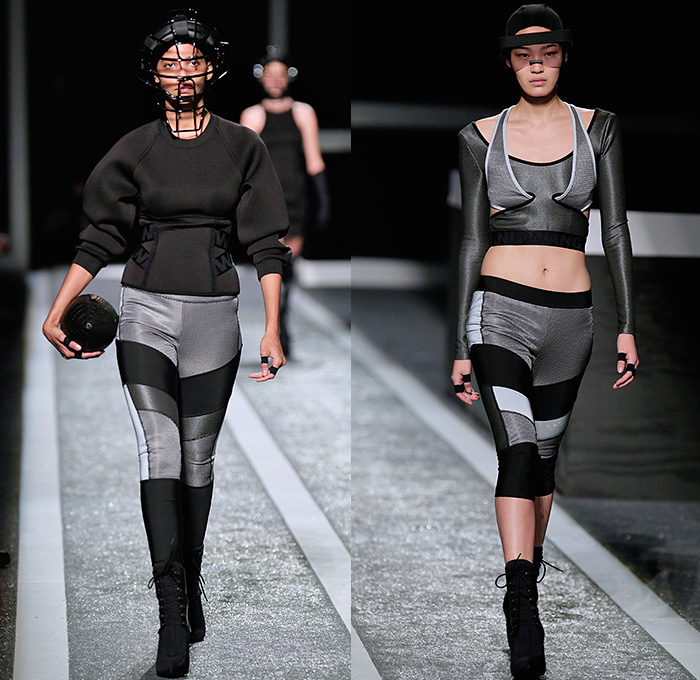 Alexander Wang x H+M 2014-2015 Fall Autumn Winter Womens Runway Catwalk Looks - Futuristic Racetrack Fitness Sport Extreme Workout Crop Top Leggings Parka Outerwear Harness Backpack Wrestler Umpire Headgear Hockey Mask Boxing Gloves Helmet Kinesio Sports Tape Sweatshirt Dress Belt Stripes Cutout Sweatpants Drawstring Utility Bra Fanny Pack Waist Pouch Belt Bag Goggles Bandeau Shorts Sweater Jumper