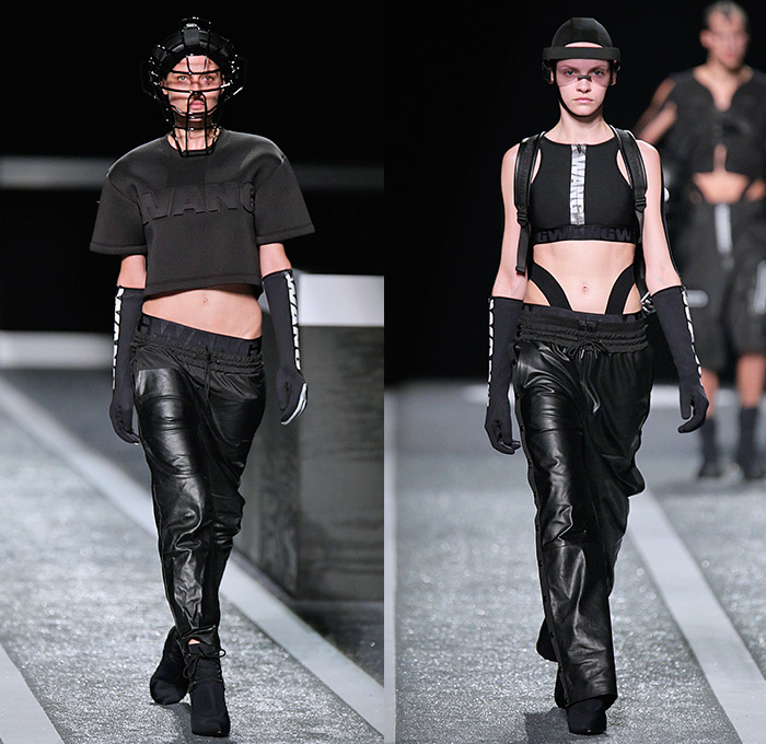 Alexander Wang x H+M 2014-2015 Fall Autumn Winter Womens Runway Catwalk Looks - Futuristic Racetrack Fitness Sport Extreme Workout Crop Top Leggings Parka Outerwear Harness Backpack Wrestler Umpire Headgear Hockey Mask Boxing Gloves Helmet Kinesio Sports Tape Sweatshirt Dress Belt Stripes Cutout Sweatpants Drawstring Utility Bra Fanny Pack Waist Pouch Belt Bag Goggles Bandeau Shorts Sweater Jumper