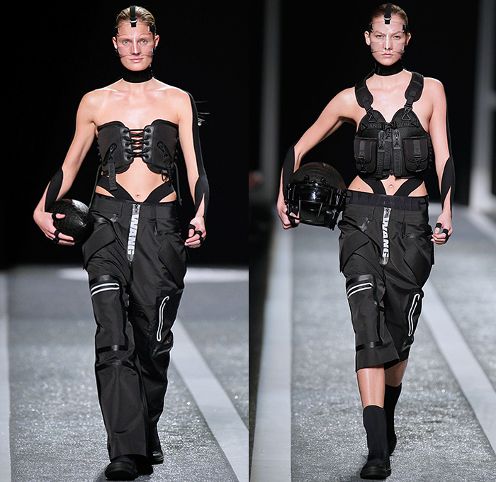 Alexander Wang x H+M 2014-2015 Fall Autumn Winter Womens Runway Catwalk Looks - Futuristic Racetrack Fitness Sport Extreme Workout Crop Top Leggings Parka Outerwear Harness Backpack Wrestler Umpire Headgear Hockey Mask Boxing Gloves Helmet Kinesio Sports Tape Sweatshirt Dress Belt Stripes Cutout Sweatpants Drawstring Utility Bra Fanny Pack Waist Pouch Belt Bag Goggles Bandeau Shorts Sweater Jumper