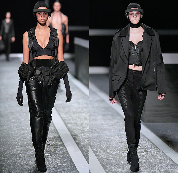 Alexander Wang x H+M 2014-2015 Fall Autumn Winter Womens Runway Catwalk Looks - Futuristic Racetrack Fitness Sport Extreme Workout Crop Top Leggings Parka Outerwear Harness Backpack Wrestler Umpire Headgear Hockey Mask Boxing Gloves Helmet Kinesio Sports Tape Sweatshirt Dress Belt Stripes Cutout Sweatpants Drawstring Utility Bra Fanny Pack Waist Pouch Belt Bag Goggles Bandeau Shorts Sweater Jumper