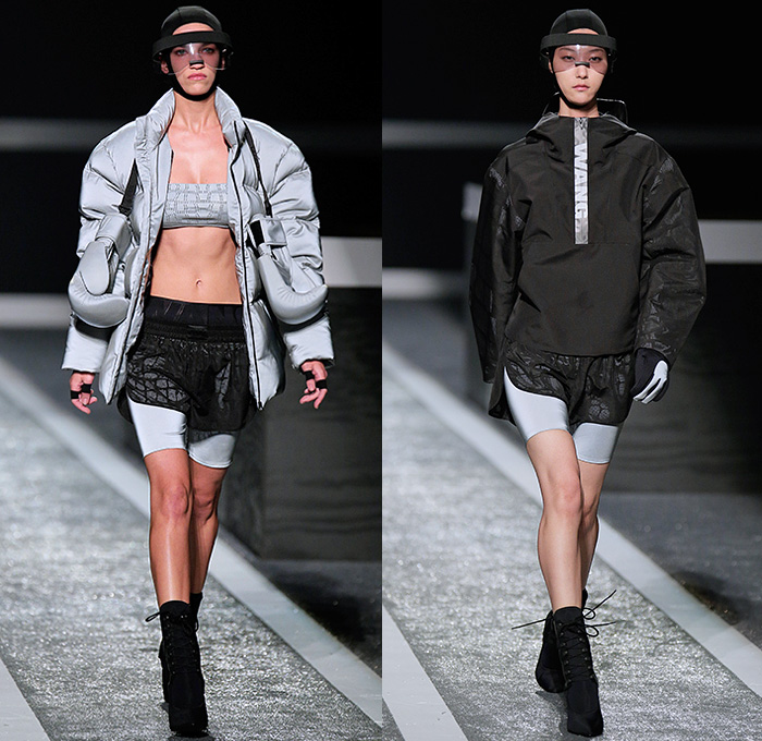 Alexander Wang x H+M 2014-2015 Fall Autumn Winter Womens Runway Catwalk Looks - Futuristic Racetrack Fitness Sport Extreme Workout Crop Top Leggings Parka Outerwear Harness Backpack Wrestler Umpire Headgear Hockey Mask Boxing Gloves Helmet Kinesio Sports Tape Sweatshirt Dress Belt Stripes Cutout Sweatpants Drawstring Utility Bra Fanny Pack Waist Pouch Belt Bag Goggles Bandeau Shorts Sweater Jumper