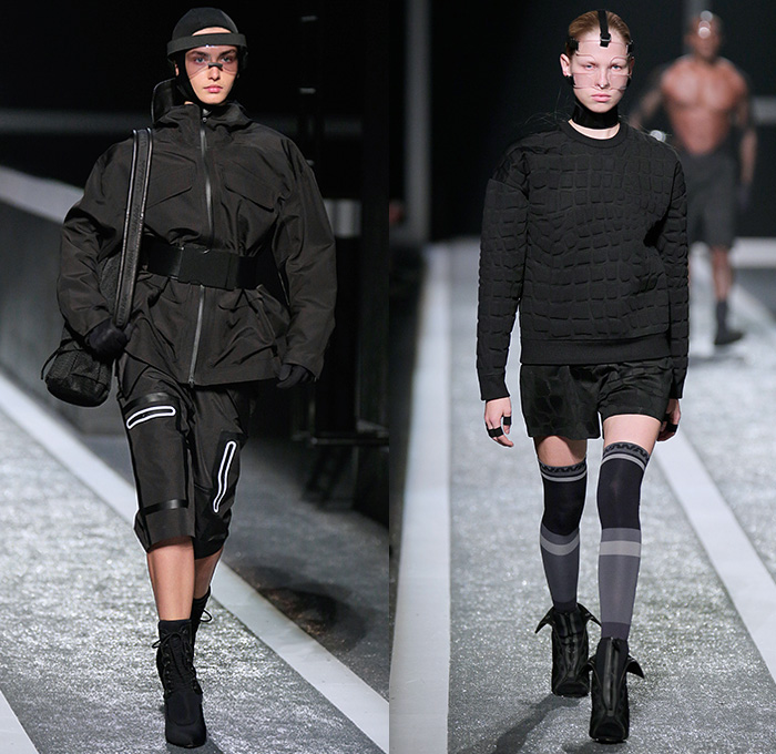 Alexander Wang x H+M 2014-2015 Fall Autumn Winter Womens Runway Catwalk Looks - Futuristic Racetrack Fitness Sport Extreme Workout Crop Top Leggings Parka Outerwear Harness Backpack Wrestler Umpire Headgear Hockey Mask Boxing Gloves Helmet Kinesio Sports Tape Sweatshirt Dress Belt Stripes Cutout Sweatpants Drawstring Utility Bra Fanny Pack Waist Pouch Belt Bag Goggles Bandeau Shorts Sweater Jumper