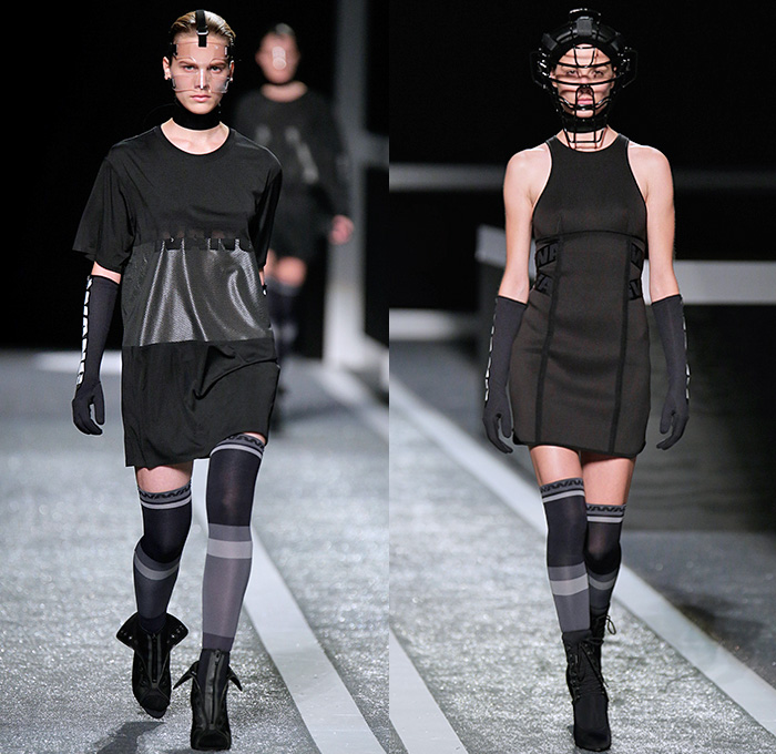 Alexander Wang x H+M 2014-2015 Fall Autumn Winter Womens Runway Catwalk Looks - Futuristic Racetrack Fitness Sport Extreme Workout Crop Top Leggings Parka Outerwear Harness Backpack Wrestler Umpire Headgear Hockey Mask Boxing Gloves Helmet Kinesio Sports Tape Sweatshirt Dress Belt Stripes Cutout Sweatpants Drawstring Utility Bra Fanny Pack Waist Pouch Belt Bag Goggles Bandeau Shorts Sweater Jumper