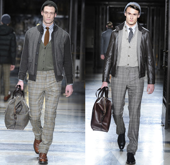 Hackett London 2014-2015 Fall Autumn Winter Mens Runway Looks Fashion - London Collections - Plaid Checks Pinstripes Bomber Jacket Cardigan Outerwear Trench Coat Overcoat Suit Blazer Duffel Bag Turtleneck Luggage Scarf V Neck Parka Puffer Puffy Down Jacket Double Breasted Traveler