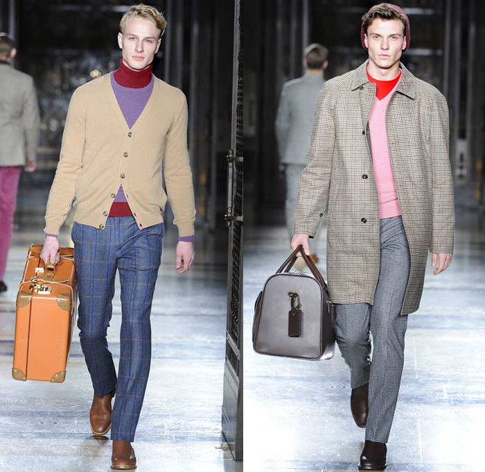 Hackett London 2014-2015 Fall Autumn Winter Mens Runway Looks Fashion - London Collections - Plaid Checks Pinstripes Bomber Jacket Cardigan Outerwear Trench Coat Overcoat Suit Blazer Duffel Bag Turtleneck Luggage Scarf V Neck Parka Puffer Puffy Down Jacket Double Breasted Traveler