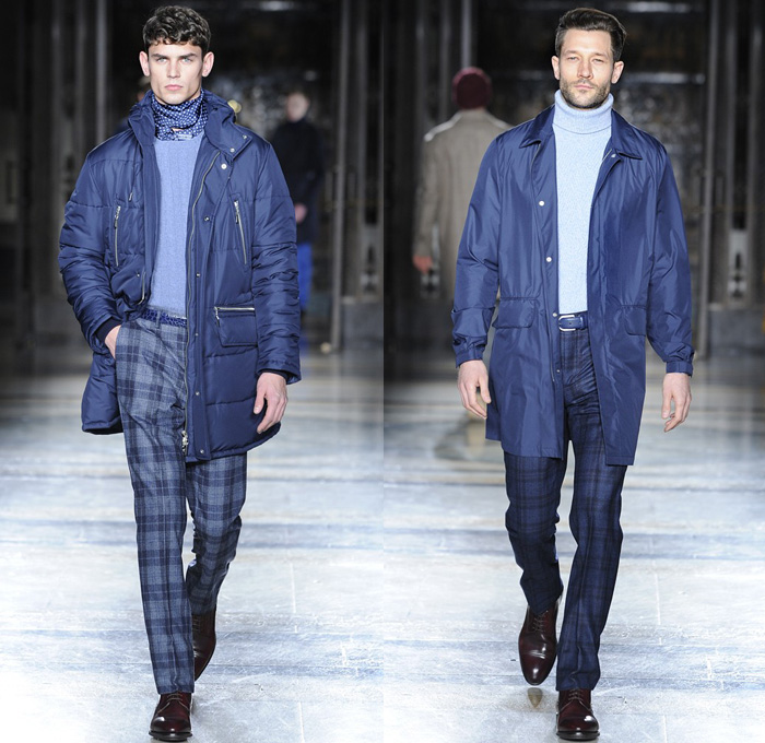Hackett London 2014-2015 Fall Autumn Winter Mens Runway Looks Fashion - London Collections - Plaid Checks Pinstripes Bomber Jacket Cardigan Outerwear Trench Coat Overcoat Suit Blazer Duffel Bag Turtleneck Luggage Scarf V Neck Parka Puffer Puffy Down Jacket Double Breasted Traveler