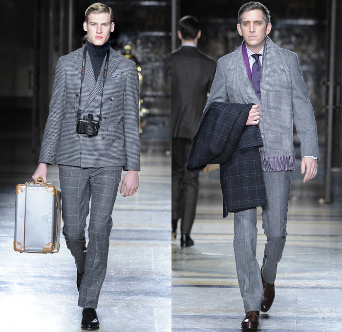 Hackett London 2014-2015 Fall Autumn Winter Mens Runway Looks Fashion - London Collections - Plaid Checks Pinstripes Bomber Jacket Cardigan Outerwear Trench Coat Overcoat Suit Blazer Duffel Bag Turtleneck Luggage Scarf V Neck Parka Puffer Puffy Down Jacket Double Breasted Traveler