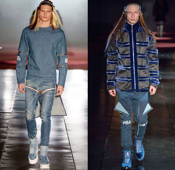 Hood By Air 2014-2015 Fall Autumn Winter Mens Womens Runway Looks - New York Fashion Week Catwalk - Denim Jeans Androgyny Zippers Motorcycle Biker Rider Outerwear Coat Padlock Straps Down Jacket Puffer Crop Top Midriff Extensions Baseball Knit Cargo Pockets Leather Multi-Panel Embossed Suede