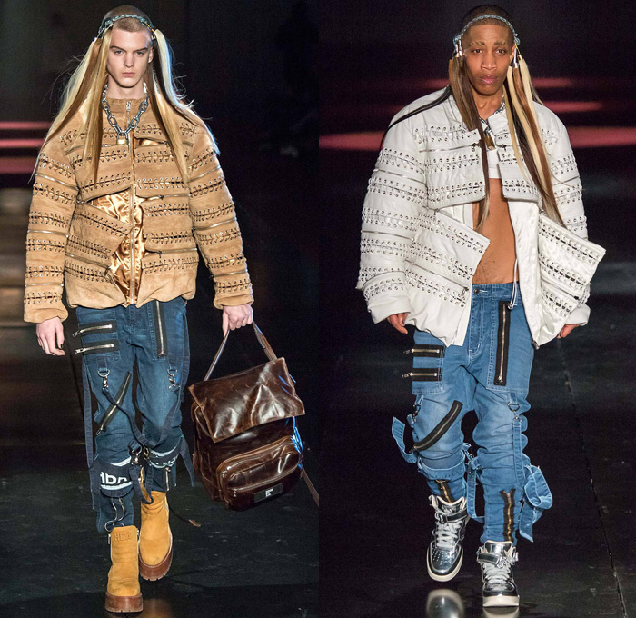 Hood By Air 2014-2015 Fall Autumn Winter Mens Womens Runway Looks - New York Fashion Week Catwalk - Denim Jeans Androgyny Zippers Motorcycle Biker Rider Outerwear Coat Padlock Straps Down Jacket Puffer Crop Top Midriff Extensions Baseball Knit Cargo Pockets Leather Multi-Panel Embossed Suede